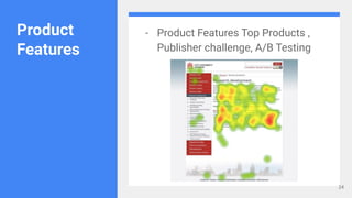 Product
Features
- Product Features Top Products ,
Publisher challenge, A/B Testing
24
 