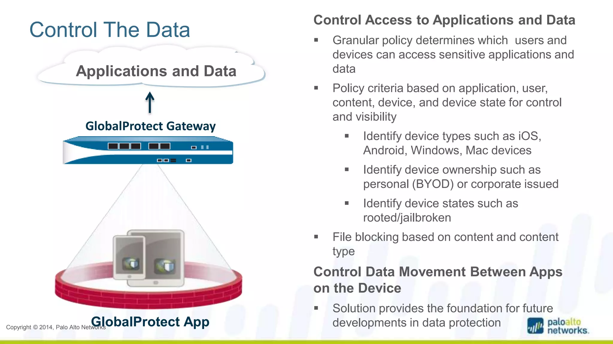 Control The Data 
Copyright © 2014, Palo Alto Networks 
Control Access to Applications and Data 
 Granular policy determines which users and 
devices can access sensitive applications and 
data 
 Policy criteria based on application, user, 
content, device, and device state for control 
and visibility 
 Identify device types such as iOS, 
Android, Windows, Mac devices 
 Identify device ownership such as 
personal (BYOD) or corporate issued 
 Identify device states such as 
rooted/jailbroken 
 File blocking based on content and content 
type 
Control Data Movement Between Apps 
on the Device 
 Solution provides the foundation for future 
developments in data protection 
Applications and Data 
GlobalProtect Gateway 
GlobalProtect App 
 