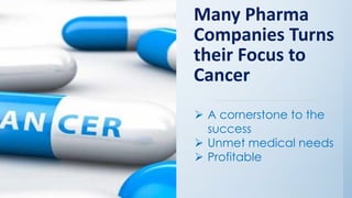 Many Pharma
Companies Turns
their Focus to
Cancer
➢ A cornerstone to the
success
➢ Unmet medical needs
➢ Profitable
 
