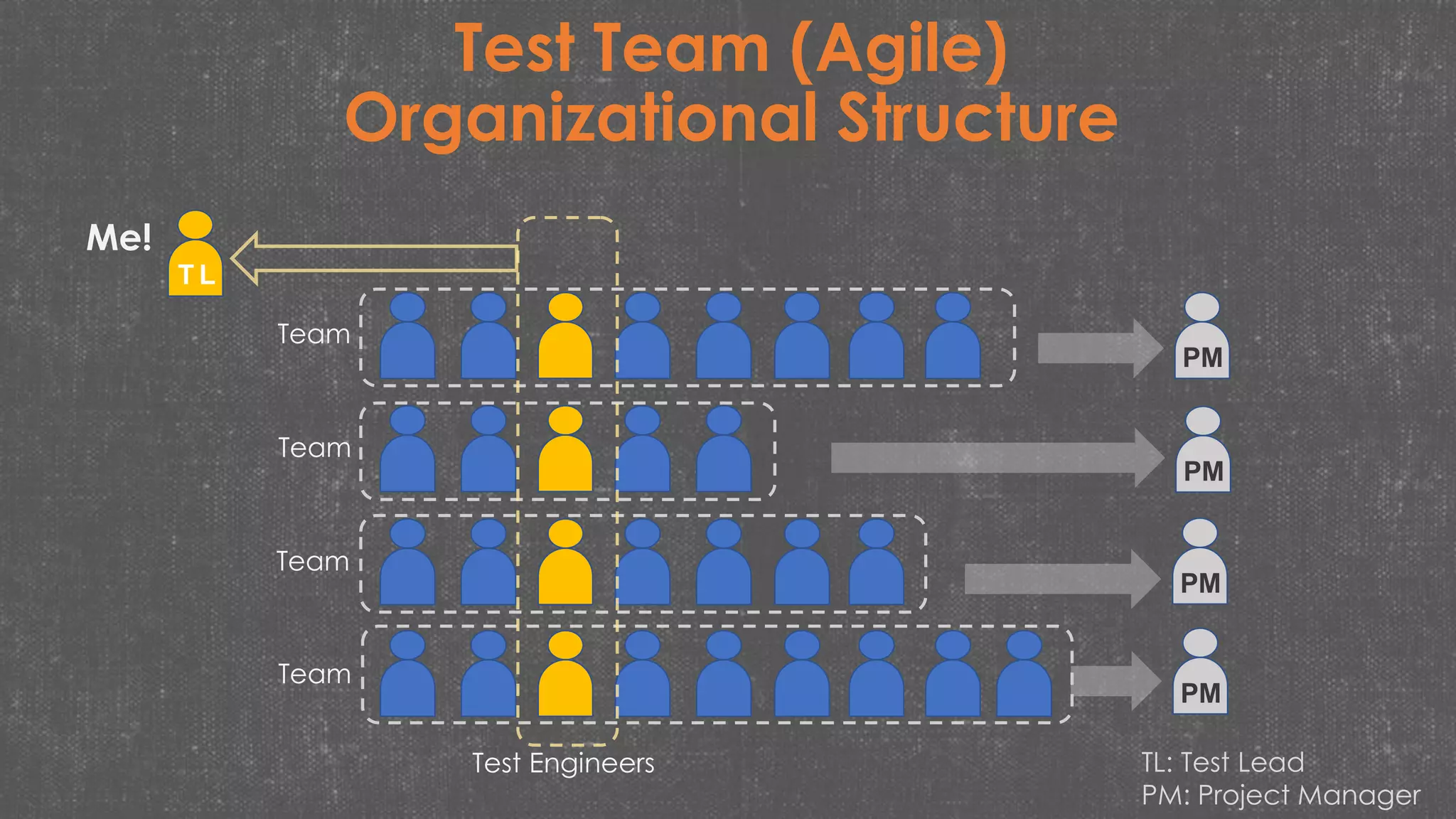 Test Team (Agile)
Organizational Structure
PM
PM
PM
PM
Team
Team
Team
Team
T L
Test Engineers TL: Test Lead
PM: Project Manager
Me!
 