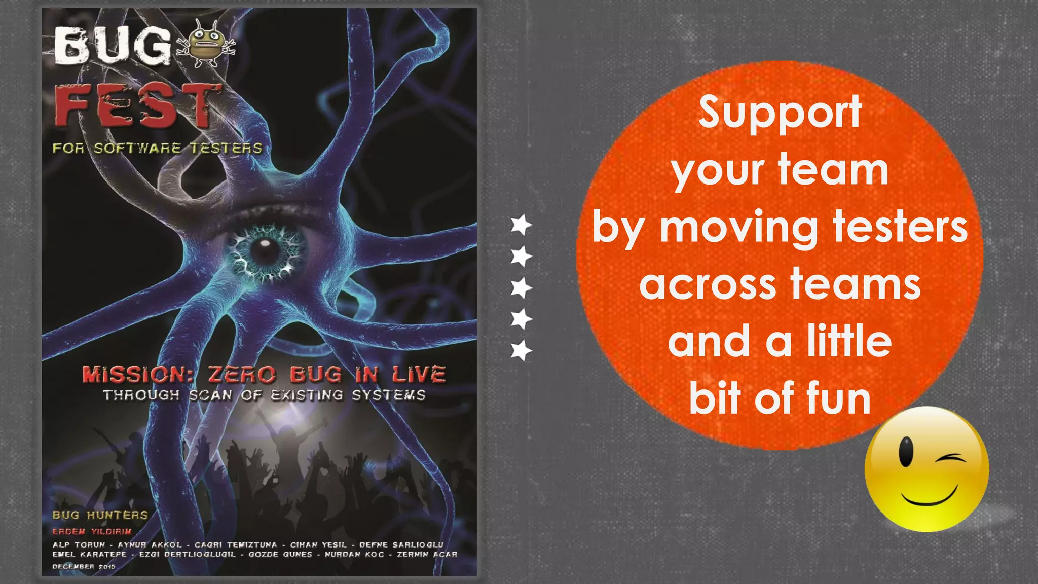 Support
your team
by moving testers
across teams
and a little
bit of fun
 