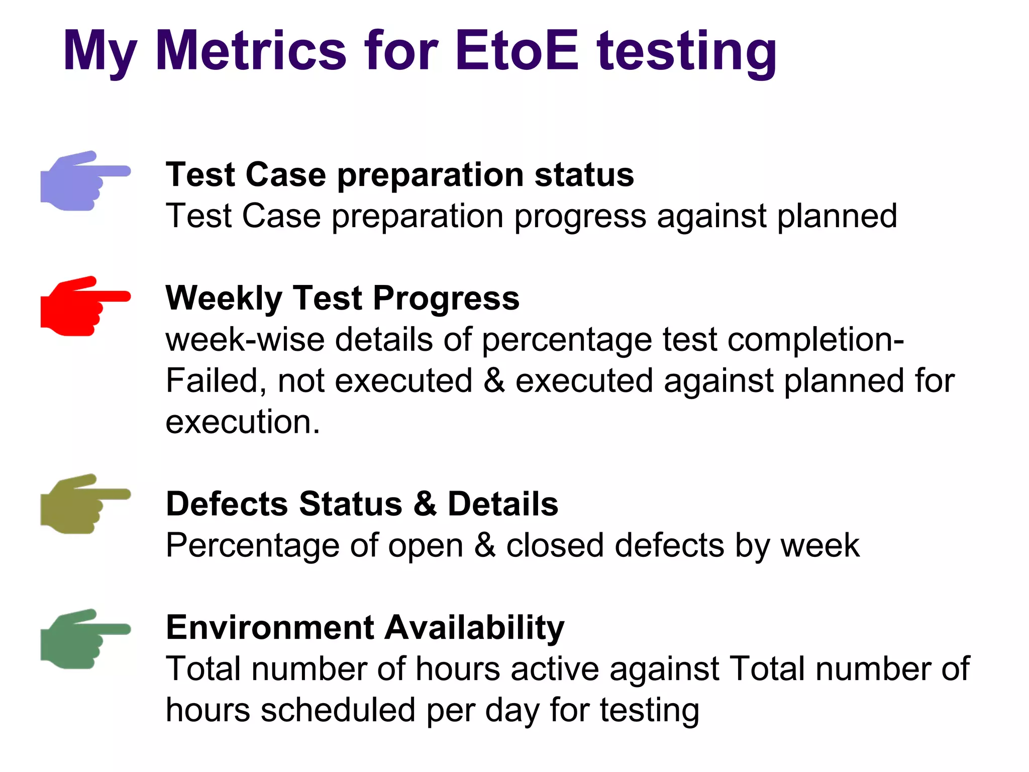 My Metrics for EtoE testing
Test Case preparation status
Test Case preparation progress against planned
Weekly Test Progress
week-wise details of percentage test completion-
Failed, not executed & executed against planned for
execution.
Defects Status & Details
Percentage of open & closed defects by week
Environment Availability
Total number of hours active against Total number of
hours scheduled per day for testing
 