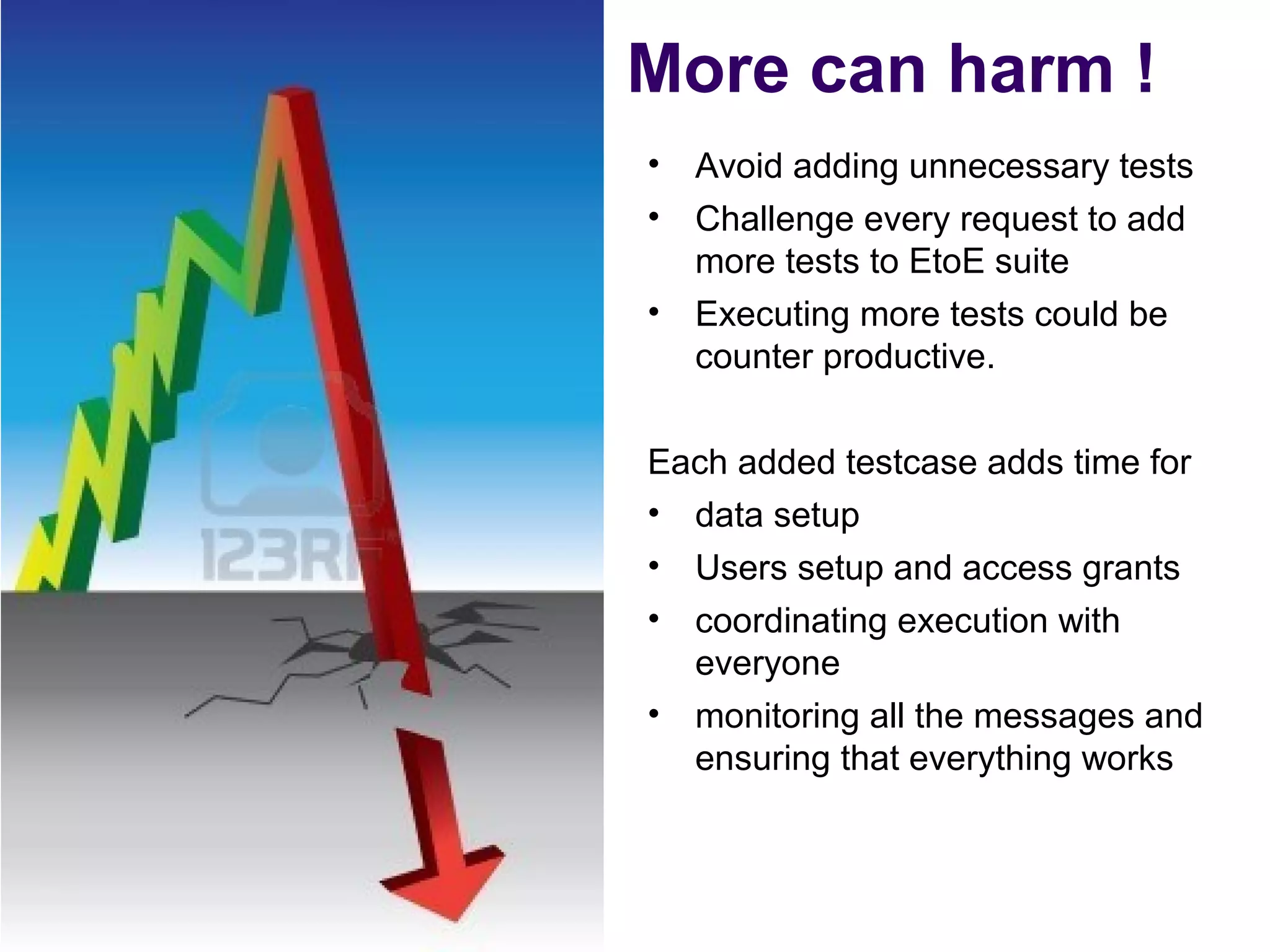 More can harm !
• Avoid adding unnecessary tests
• Challenge every request to add
more tests to EtoE suite
• Executing more tests could be
counter productive.
Each added testcase adds time for
• data setup
• Users setup and access grants
• coordinating execution with
everyone
• monitoring all the messages and
ensuring that everything works
 