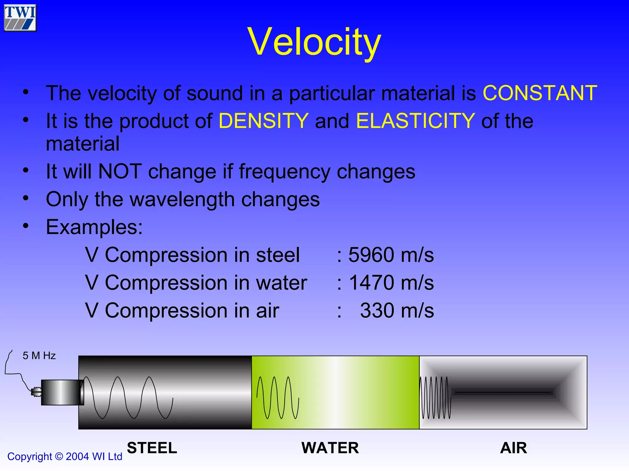Velocity The velocity of sound in a particular material is  CONSTANT It is the product of  DENSITY  and  ELASTICITY  of the material It will NOT change if frequency changes Only the wavelength changes Examples: V Compression in steel  : 5960 m/s V Compression in water  : 1470 m/s V Compression in air :  330 m/s STEEL WATER AIR 5 M Hz 