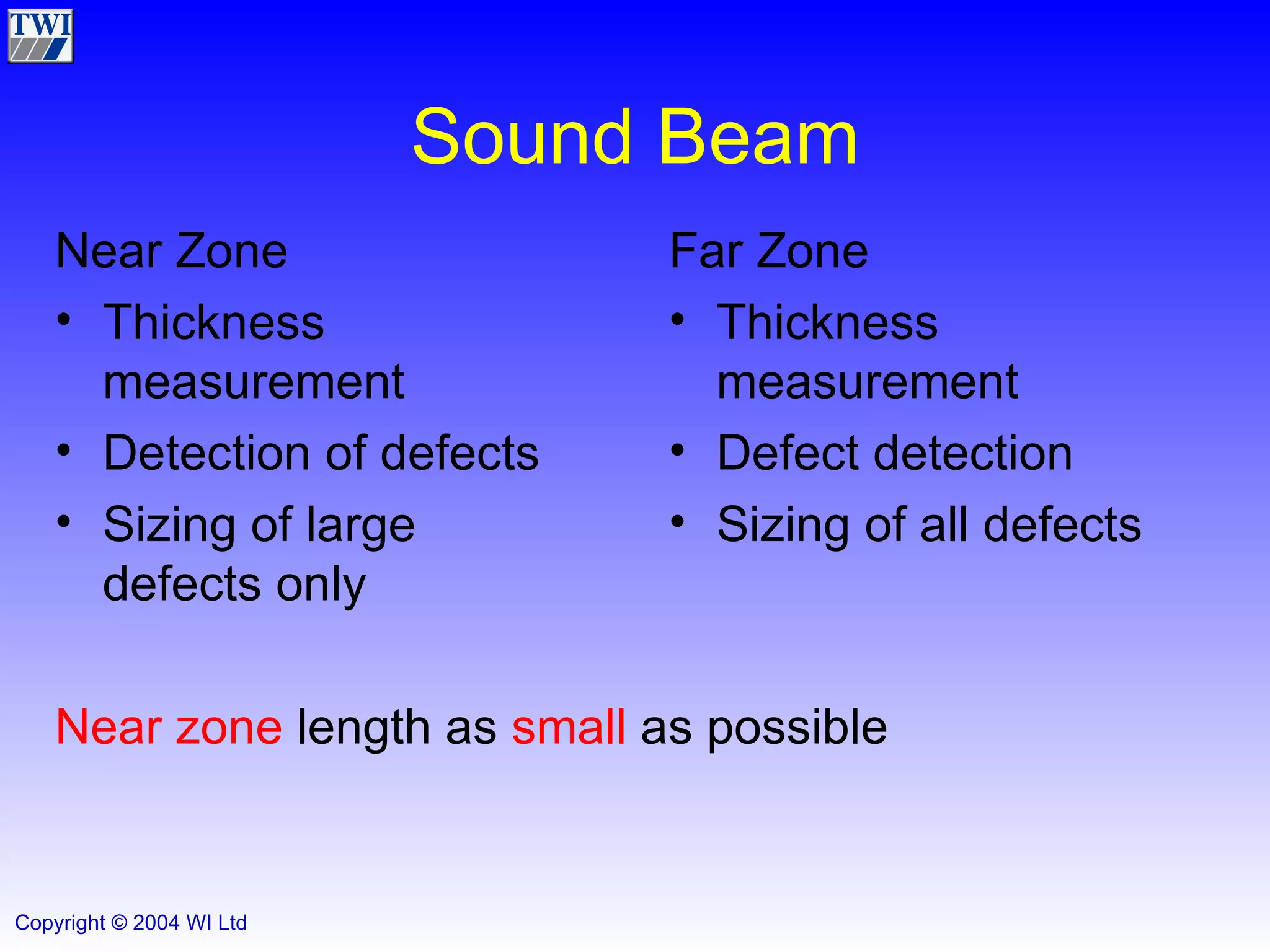 Sound Beam Near Zone Thickness measurement Detection of defects Sizing of large defects only Far Zone Thickness measurement Defect detection Sizing of all defects Near zone  length as  small  as possible 