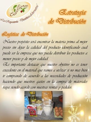 Nuestro propósito será encontrar la materia prima al mejor
precio sin dejar la calidad del producto identificando cual
puede ser la empresa que nos pueda distribuir los productos a
menor precio y de mejor calidad.
Es importante destacar que nuestro objetivo no es tener
excedente en el material que vamos a utilizar si no mas bien
ir comprando de acuerdo a las necesidades de producción
haciendo que nuestros gastos en la compra de materiales
vaya siendo acorde con nuestras ventas y pedidos.

 