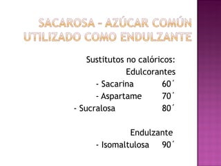 Sustitutos no calóricos: Edulcorantes - Sacarina  60´ - Aspartame  70´ - Sucralosa  80´ Endulzante  - Isomaltulosa  90´ 
