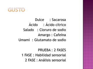 Dulce  : Sacarosa Ácido  : Ácido cítrico Salado  : Cloruro de sodio Amargo : Cafeína Umami  : Glutamato de sodio PRUEBA : 2 FASES 1 FASE : Habilidad sensorial 2 FASE : Análisis sensorial 