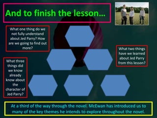 McEwan chooses a chapter which soothes and grounds Joe  to introduce the element of danger and suspicion…‘The light had been out five minutes when the phone rang and snatched me from the beginnings if sleep.I have no doubt that I remember his words correctly. He said, ‘Is that Joe?’ I didn’t reply. I had already recognised the voice. He said, ‘I just wanted you to know, I understand what you’re feeling. I feel it too. I love you.’I hung up.Clarissa murmured into the pillow, ‘Who was that?’It may have been exhaustion, or perhaps my concealment was protective of her, but I know I made my first mistake when I turned on my side and said to her, ‘It was nothing. Wrong number. Go to sleep.’ ( p.37 )How does McEwan introduce Jed Parry to the safe world of Joe and Clarissa? How does Joe react? How does McEwan hint at what is to come? What is the general tone and feeling of the end of Chapter twenty three?