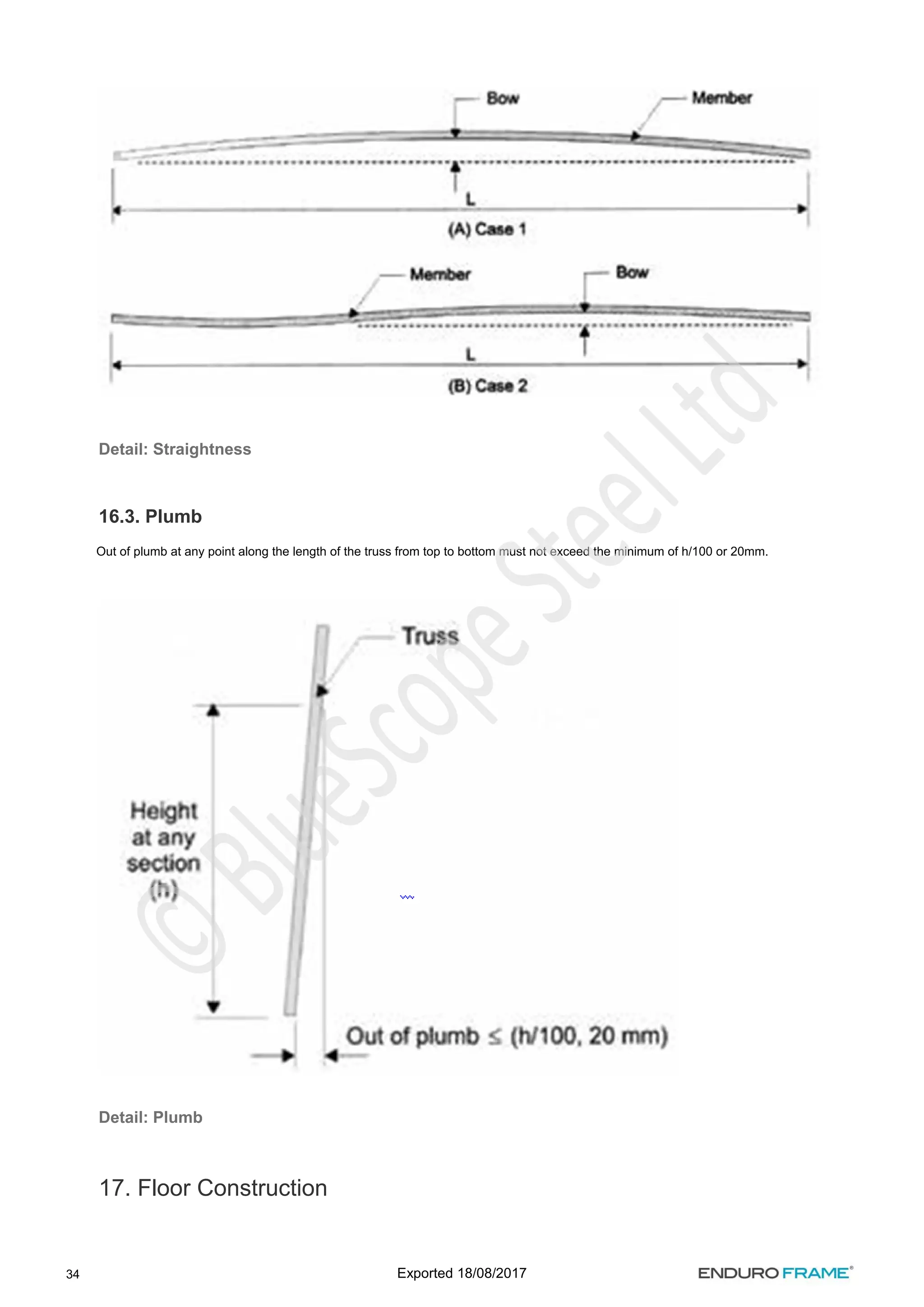 34
Detail: Straightness
16.3. Plumb
Out of plumb at any point along the length of the truss from top to bottom must not exceed the minimum of h/100 or 20mm.
Detail: Plumb
17. Floor Construction
Exported 18/08/2017
 