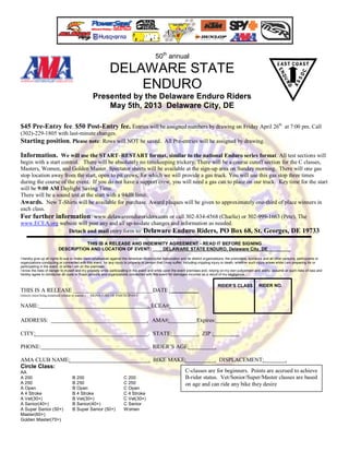 50th annual

                                                            DELAWARE STATE
                                                                ENDURO
                                                    Presented by the Delaware Enduro Riders
                                                        May 5th, 2013 Delaware City, DE

$45 Pre-Entry fee. $50 Post-Entry fee. Entries will be assigned numbers by drawing on Friday April 26th at 7:00 pm. Call
(302)-229-1805 with last-minute changes.
Starting position. Please note: Rows will NOT be saved. All Pre-entries will be assigned by drawing.

Information. We will use the START–RESTART format, similar to the national Enduro series format. All test sections will
begin with a start control. There will be absolutely no timekeeping trickery. There will be a course cutoff section for the C classes,
Masters, Women, and Golden Master. Spectator sheets will be available at the sign-up area on Sunday morning. There will one gas
stop location away from the start, open to pit crews, for which we will provide a gas truck. You will use this gas stop three times
during the course of the event. If you do not have a support crew, you will need a gas can to place on our truck. Key time for the start
will be 9:00 AM Daylight Saving Time.
There will be a sound test at the start with a 94dB limit.
Awards. New T-Shirts will be available for purchase. Award plaques will be given to approximately one-third of place winners in
each class.
For further information: www.delawareenduroriders.com or call 302-834-4568 (Charlie) or 302-999-1663 (Pete). The
www.ECEA.org website will post any and all up-to-date changes and information as needed.
                      Detach and mail entry form to: Delaware Enduro Riders, PO Box 68, St. Georges, DE 19733

                                     THIS IS A RELEASE AND INDEMNITY AGREEMENT - READ IT BEFORE SIGNING
                           DESCRIPTION AND LOCATION OF EVENT: ____DELAWARE STATE ENDURO, Delaware City, DE_________

I hereby give up all rights to sue or make claim whatsoever against the American Motorcyclist Association and its district organizations, the promoters, sponsors and all other persons, participants or
organizations conducting or connected with this event, for any injury to property or person that I may suffer, including crippling injury or death, whether such injury arises while I am preparing for or
participating in the event, or while I am on the premises.
I know the risks of danger to myself and my property while participating in the event and while upon the event premises and, relying on my own judg ement and ability, assume all such risks of loss and
hereby agree to reimburse all costs to those persons and organizations connected with this event for damages incurred as a result of my negligence.


                                                                                                                                      RIDER’S CLASS            RIDER NO.
THIS IS A RELEASE ___________________________________ DATE _____________
(minors must bring notarized release or parent.)   SIGNATURE OF PARTICIPANT


NAME:                                                                                . ECEA#:                         .

ADDRESS:                                                                            . AMA#:                          Expires:                        .

CITY:                                                                                . STATE:                         . ZIP :                    .

PHONE:                                                                               . RIDER’S AGE:                               .

AMA CLUB NAME:                                                                       . BIKE MAKE:                                 . DISPLACEMENT:                                .
Circle Class:
AA                                                                                                            C-classes are for beginners. Points are accrued to achieve
A 200                                 B 200                          C 200                                    B-rider status. Vet/Senior/Super/Master classes are based
A 250                                 B 250                          C 250                                    on age and can ride any bike they desire
A Open                                B Open                         C Open
A 4 Stroke                            B 4 Stroke                     C 4 Stroke
A Vet(30+)                            B Vet(30+)                     C Vet(30+)
A Senior(40+)                         B Senior(40+)                  C Senior
A Super Senior (50+)                  B Super Senior (50+)           Women
Master(60+)
Golden Master(70+)
 