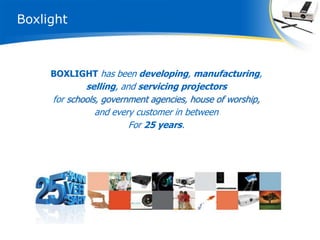 Boxlight



     BOXLIGHT has been developing, manufacturing,
             selling, and servicing projectors
     for schools, government agencies, house of worship,
                and every customer in between
                        For 25 years.
 