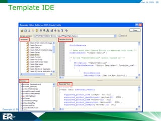 SQL Query ToolBuilt-in, easy to use facility to query:Current  or other open modelDatabase catalogAccess to:Model objects and propertiesMetadata defining model objects and propertiesThe modeling session Action LogUsed to: CREATE and SAVE queries (.QRY format)Save query results (.CSV format)