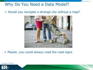 Why Do You Need a Data Model?Would you navigate a strange city without a map?Maybe…you could always read the road signsWhy Do You Need a Data Model?But what if you were traveling in several foreign cities, and couldn’t possibly learn every language for your trip?CA ERwin is your GPS for databasesERwin provides a Roadmap for multiple Database Platforms