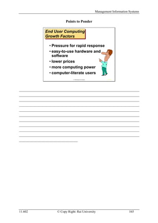 Management Information Systems


                                Points to Ponder

                 End User Computing
                 End User Computing
                 Growth Factors
                 Growth Factors

                    • Pressure for rapid response
                    • easy-to-use hardware and
                      software
                    • lower prices
                    • more computing power
                    • computer-literate users
                                     © 1997 McGraw-Hill Companies           IRWIN




__________________________________________________________________________________
__________________________________________________________________________________
__________________________________________________________________________________
__________________________________________________________________________________
__________________________________________________________________________________
__________________________________________________________________________________
__________________________________________________________________________________
__________________________________________________________________________________
__________________________________________________________________________________
__________________________________________________________________________________
________________________________________




11.602                    © Copy Right: Rai University                                     165
 