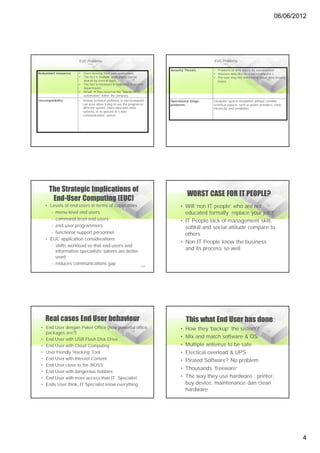 06/06/2012




                      EUC Problems                                                               EUC Problems
                             Count                                                                      cont


                                                                            Security Threats     • Problems of data access by unauthorized
Redundant resources   •   Users develop their own applications                                   • Insecure data files on a microcomputer I
                      •   The fact is multiple applications can be                               • The user may not understand about data security
                          shared by several users                                                  issues
                      •   The fact is hardware is replicated in several
                          departments.
                      •   Result Thus occurred the "islands of
                          automation" within the company
Imcompatibility       • Serious technical problems in microcomputer         Operational Stage    Computer system installation withput consider
                        can arise when trying to use the program in         problems             technical aspects, such as power providers, static
                        different system, share data with other                                  electricity, and ventilation
                        systems, or to operate in a data
                        communications system




      The Strategic Implications of
                                                                                      WORST CASE FOR IT PEOPLE?
       End-User Computing (EUC)
    • Levels of end users in terms of capabilities                                • Will ‘non IT people’ who are not
       - menu-level end users                                                       educated formally replace your job?
       – command-level end users                                                  • IT People lack of management skill,
       – end-user programmers                                                       softkill and social attitude compare to
       – functional support personnel                                               others
    • EUC application considerations
                                                                                  • Non IT People know the business
       – shifts workload so that end-users and
         information specialists’ talents are better
                                                                                    and its process so well
         used
       – reduces communications gap                                  2-21




    Real cases End User behaviour                                                     This what End User has done:
 • End User dengan Paket Office (how powerful office                              •   How they ‘backup’ the sistem?
   packages are?)
 • End User with USB Flash Disk Drive
                                                                                  •   Mix and match software & OS
 • End User with Cloud Computing                                                  •   Multiple antivirus to be safe
 • User friendly ‘Hacking’ Tool                                                   •   Electical overload & UPS
 • End User with Internet Content                                                 •   Pirated Software? No problem
 • End User close to the ‘BOSS’
                                                                                  •   Thousands ‘freeware’
 • End User with dangerous hobbies
 • End User with more access than IT Specialist                                   •   The way they use hardware : printer,
 • Ends User think, IT Specialist know everything                                     buy device, maintenance dan clean
                                                                                      hardware




                                                                                                                                                      4
 