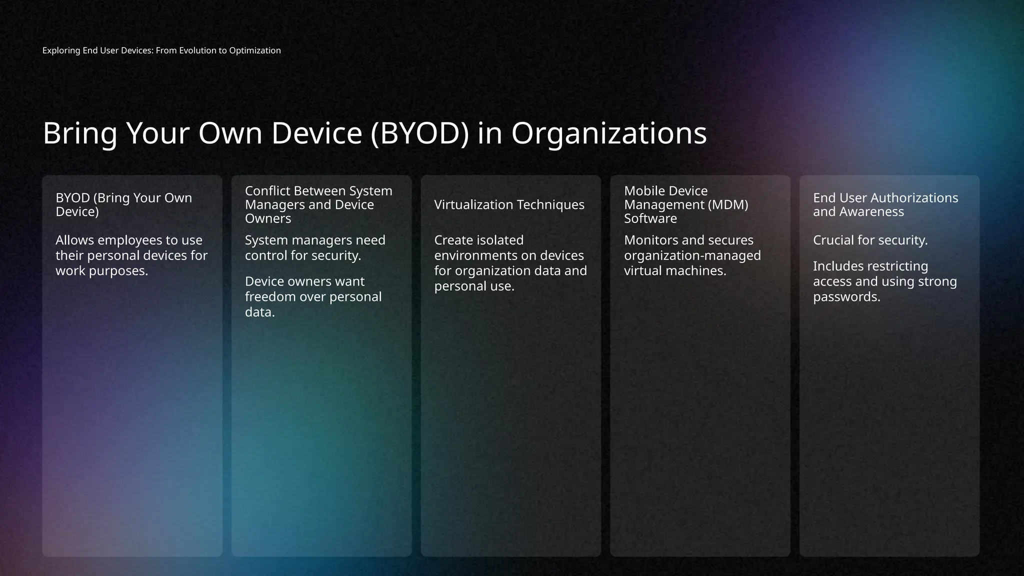 Allows employees to use
their personal devices for
work purposes.
BYOD (Bring Your Own
Device)
System managers need
control for security.
Device owners want
freedom over personal
data.
Conflict Between System
Managers and Device
Owners
Create isolated
environments on devices
for organization data and
personal use.
Virtualization Techniques
Crucial for security.
Includes restricting
access and using strong
passwords.
End User Authorizations
and Awareness
Monitors and secures
organization-managed
virtual machines.
Mobile Device
Management (MDM)
Software
Exploring End User Devices: From Evolution to Optimization
Bring Your Own Device (BYOD) in Organizations
 