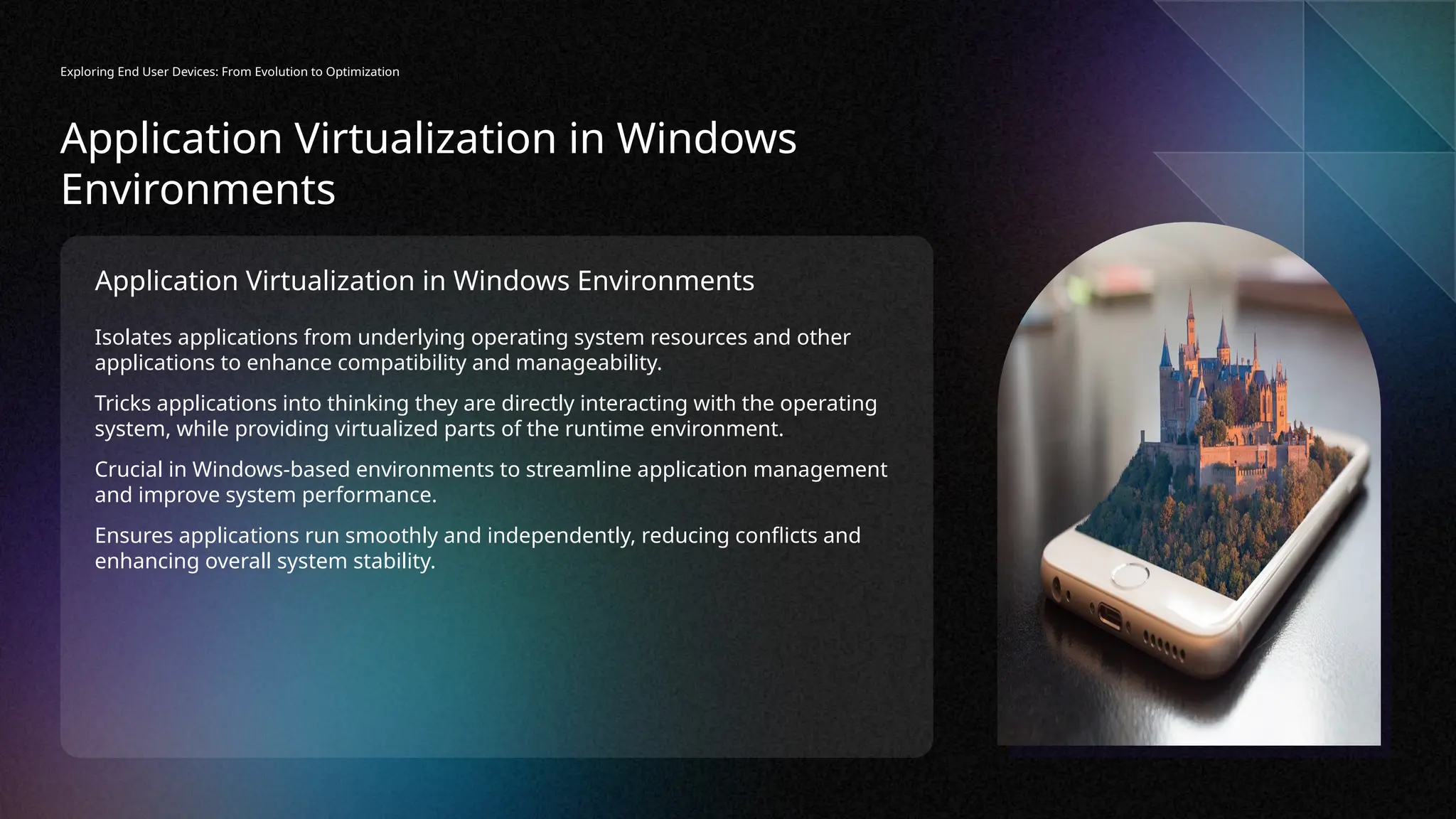 Application Virtualization in Windows Environments
Isolates applications from underlying operating system resources and other
applications to enhance compatibility and manageability.
Tricks applications into thinking they are directly interacting with the operating
system, while providing virtualized parts of the runtime environment.
Crucial in Windows-based environments to streamline application management
and improve system performance.
Ensures applications run smoothly and independently, reducing conflicts and
enhancing overall system stability.
Exploring End User Devices: From Evolution to Optimization
Application Virtualization in Windows
Environments
 