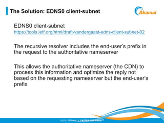 ©2012 AKAMAI | FASTER FORWARDTM
EDNS0 client-subnet
https://tools.ietf.org/html/draft-vandergaast-edns-client-subnet-02
Th...