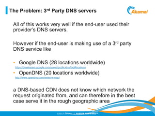 ©2012 AKAMAI | FASTER FORWARDTM
All of this works very well if the end-user used their
provider’s DNS servers.
However if ...