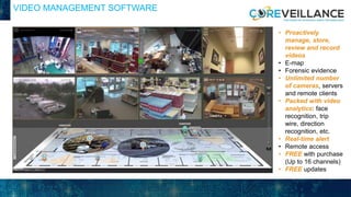 VIDEO MANAGEMENT SOFTWARE
• Proactively
manage, store,
review and record
videos
• E-map
• Forensic evidence
• Unlimited number
of cameras, servers
and remote clients
• Packed with video
analytics: face
recognition, trip
wire, direction
recognition, etc.
• Real-time alert
• Remote access
• FREE with purchase
(Up to 16 channels)
• FREE updates
 