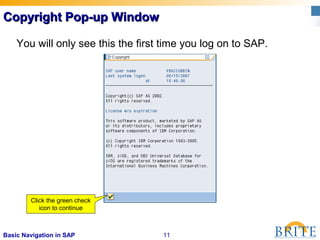 11Basic Navigation in SAP
Copyright Pop-up WindowCopyright Pop-up Window
You will only see this the first time you log on to SAP.
Click the green check
icon to continue
 