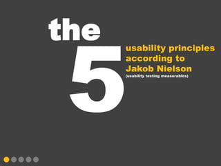 Testing Intent
•   With all tests you want to discover whether the user:
     •   Gets the point of the page(s)

     •   Understands the navigation system

     •   Can guess where to find things

•   In a general test you want to know:
     •   How do users interact with the device they are testing?

     •   What is difficult for people to do?

     •   Where do they get lost?

     •   What makes sense to them?

     •   What makes them feel distrustful or insecure?

     •   What do they like and what do they hate?

•   In a specific test you might want to know:
     •   Can the user accomplish a key task?

     •   Can the user find something specific?
 