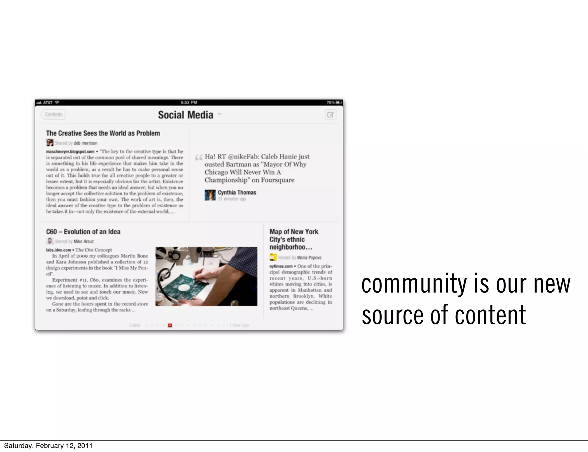 community is our new
                              source of content



Saturday, February 12, 2011
 