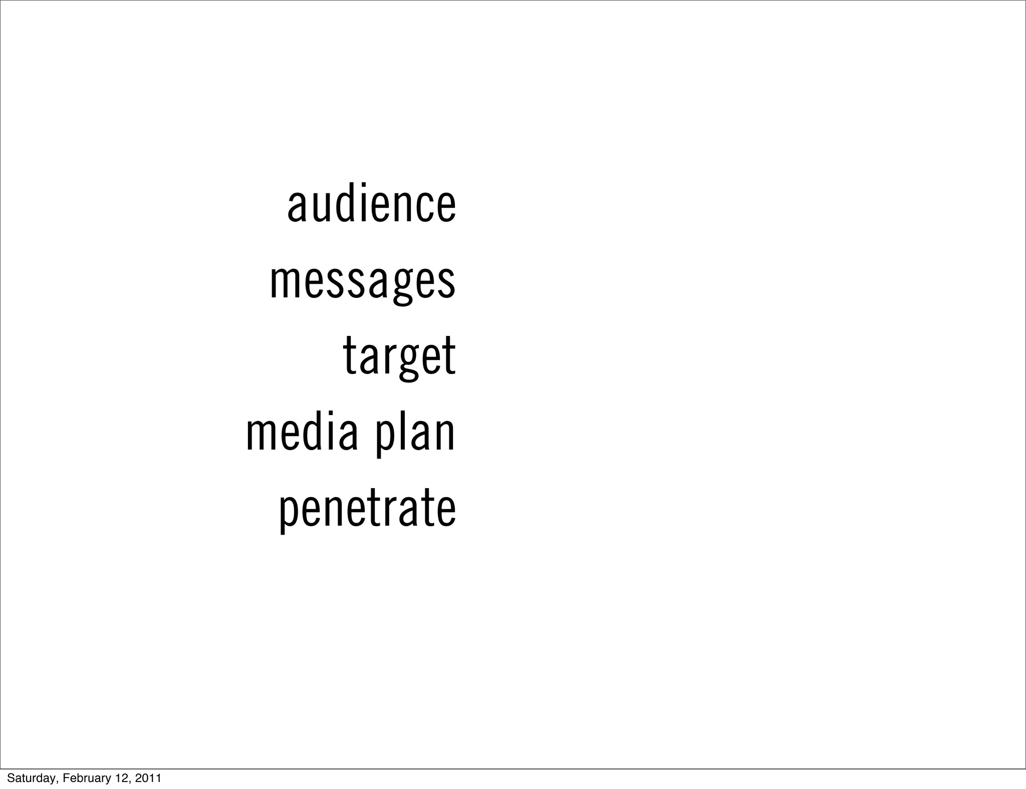 audience
                               messages
                                  target
                              media plan
                               penetrate



Saturday, February 12, 2011
 