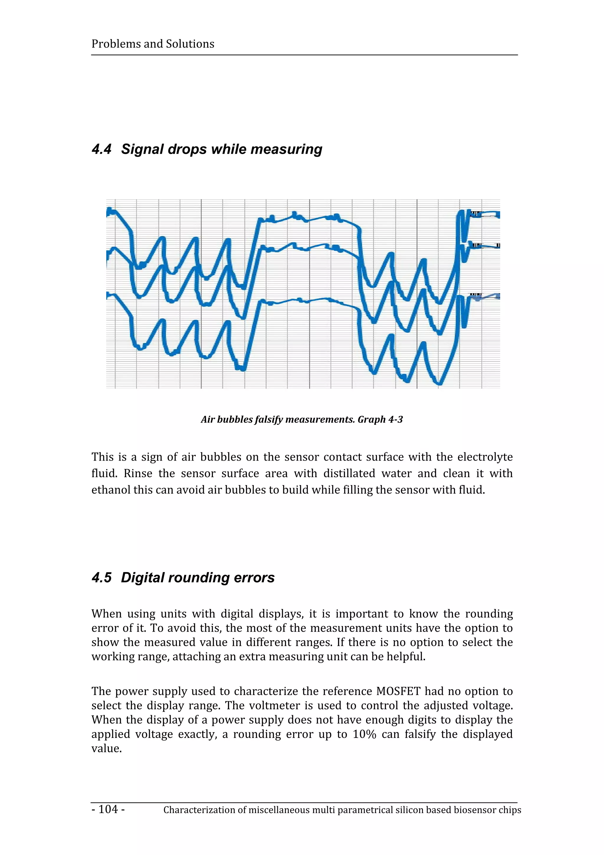 Problems and Solutions




4.4 Signal drops while measuring




                     Air bubbles falsify measurements. Graph 4-3


This is a sign of air bubbles on the sensor contact surface with the electrolyte
fluid. Rinse the sensor surface area with distillated water and clean it with
ethanol this can avoid air bubbles to build while filling the sensor with fluid.




4.5 Digital rounding errors

When using units with digital displays, it is important to know the rounding
error of it. To avoid this, the most of the measurement units have the option to
show the measured value in different ranges. If there is no option to select the
working range, attaching an extra measuring unit can be helpful.

The power supply used to characterize the reference MOSFET had no option to
select the display range. The voltmeter is used to control the adjusted voltage.
When the display of a power supply does not have enough digits to display the
applied voltage exactly, a rounding error up to 10% can falsify the displayed
value.




- 104 -      Characterization of miscellaneous multi parametrical silicon based biosensor chips
 