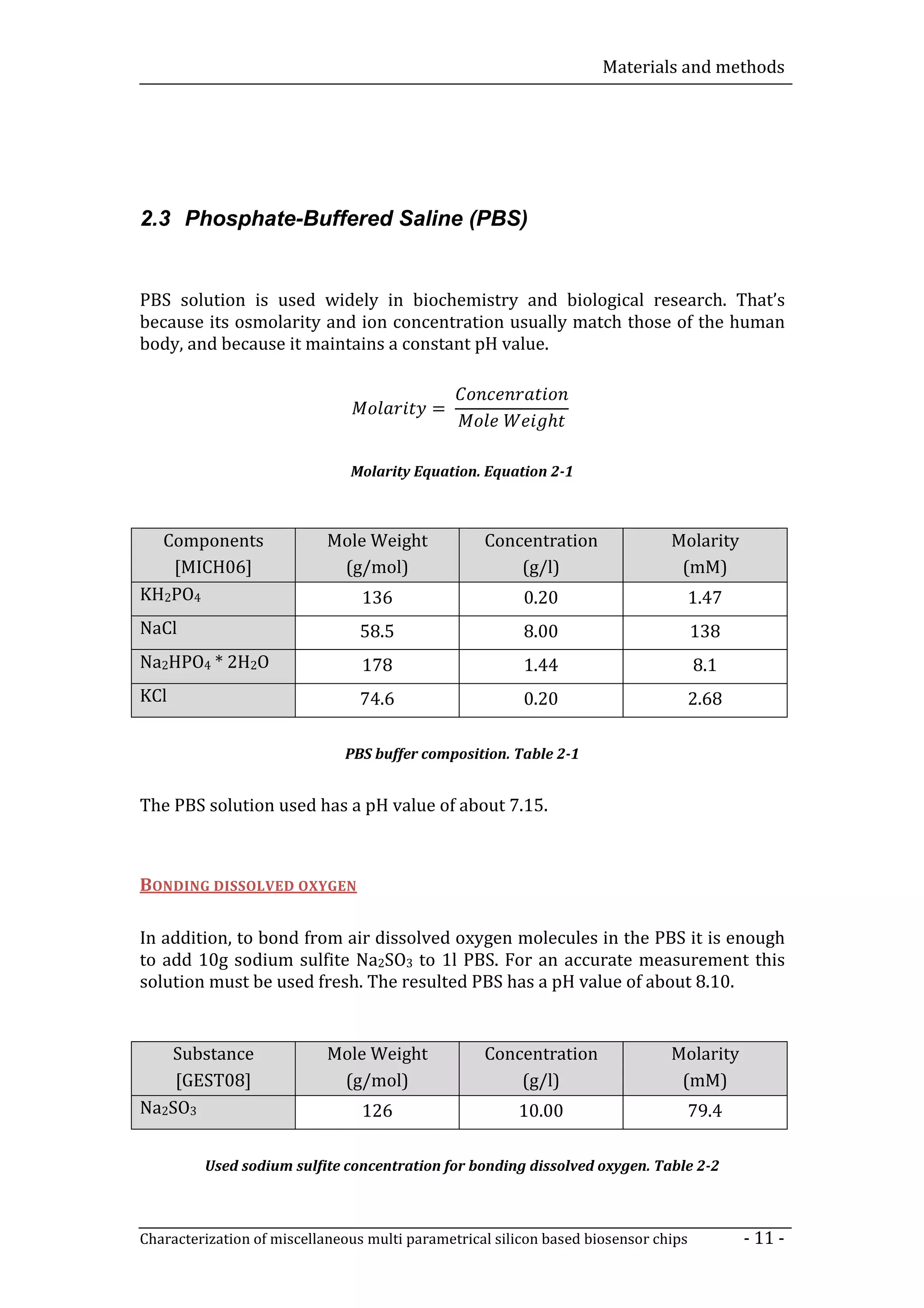 Materials and methods




2.3 Phosphate-Buffered Saline (PBS)


PBS solution is used widely in biochemistry and biological research. That’s
because its osmolarity and ion concentration usually match those of the human
body, and because it maintains a constant pH value.


                                           =
                                                             ℎ

                               Molarity Equation. Equation 2-1



  Components                Mole Weight            Concentration               Molarity
   [MICH06]                  (g/mol)                   (g/l)                    (mM)
KH2PO4                           136                     0.20                    1.47
NaCl                            58.5                     8.00                        138
Na2HPO4 * 2H2O                   178                     1.44                        8.1
KCl                             74.6                     0.20                    2.68

                              PBS buffer composition. Table 2-1


The PBS solution used has a pH value of about 7.15.



BONDING DISSOLVED OXYGEN

In addition, to bond from air dissolved oxygen molecules in the PBS it is enough
to add 10g sodium sulfite Na2SO3 to 1l PBS. For an accurate measurement this
solution must be used fresh. The resulted PBS has a pH value of about 8.10.


   Substance                Mole Weight            Concentration               Molarity
    [GEST08]                 (g/mol)                   (g/l)                    (mM)
Na2SO3                           126                    10.00                    79.4

         Used sodium sulfite concentration for bonding dissolved oxygen. Table 2-2



Characterization of miscellaneous multi parametrical silicon based biosensor chips         - 11 -
 
