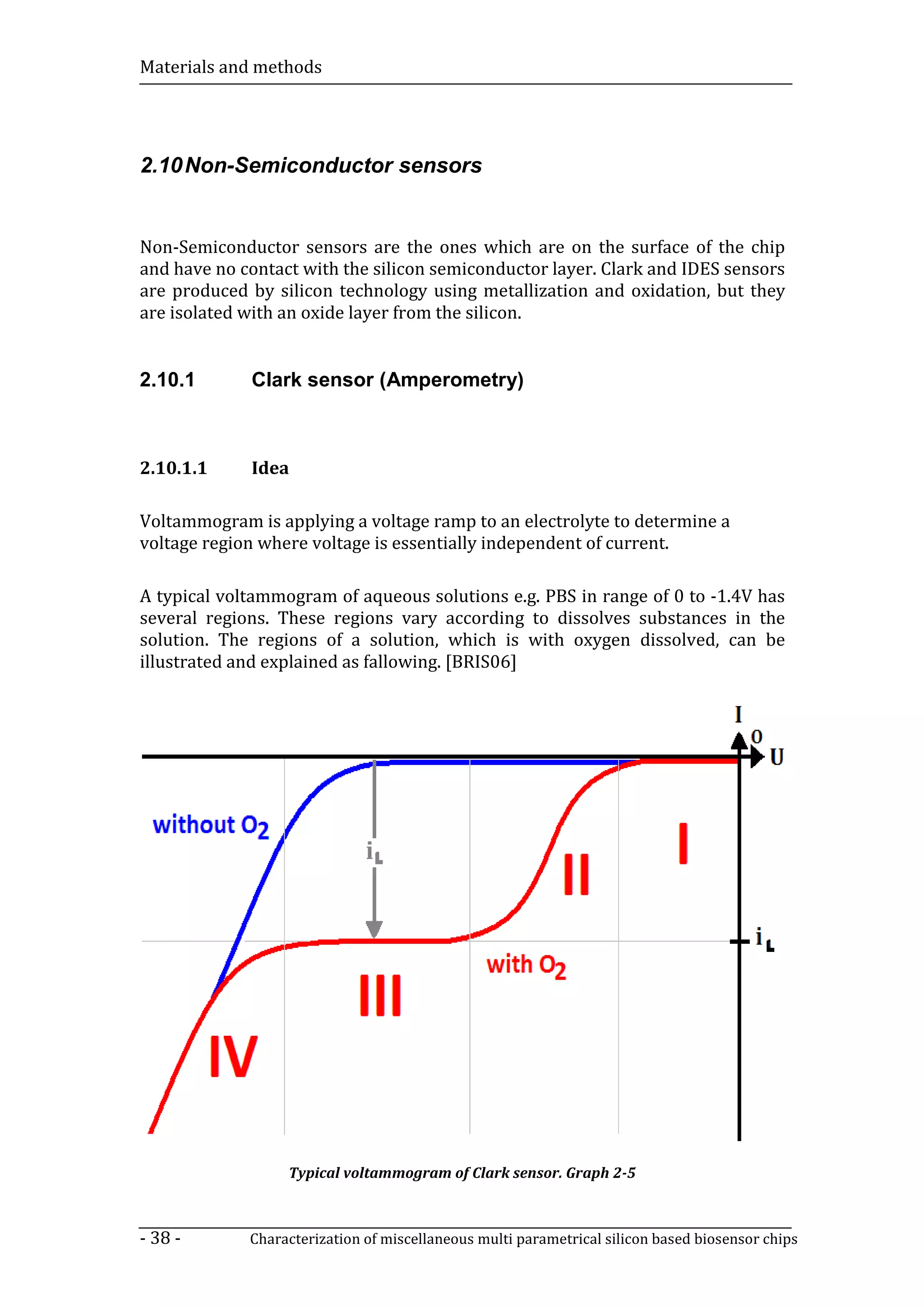Materials and methods




2.10 Non-Semiconductor sensors


Non-Semiconductor sensors are the ones which are on the surface of the chip
and have no contact with the silicon semiconductor layer. Clark and IDES sensors
are produced by silicon technology using metallization and oxidation, but they
are isolated with an oxide layer from the silicon.


2.10.1       Clark sensor (Amperometry)



2.10.1.1     Idea

Voltammogram is applying a voltage ramp to an electrolyte to determine a
voltage region where voltage is essentially independent of current.

A typical voltammogram of aqueous solutions e.g. PBS in range of 0 to -1.4V has
several regions. These regions vary according to dissolves substances in the
solution. The regions of a solution, which is with oxygen dissolved, can be
illustrated and explained as fallowing. [BRIS06]




                  Typical voltammogram of Clark sensor. Graph 2-5



- 38 -       Characterization of miscellaneous multi parametrical silicon based biosensor chips
 