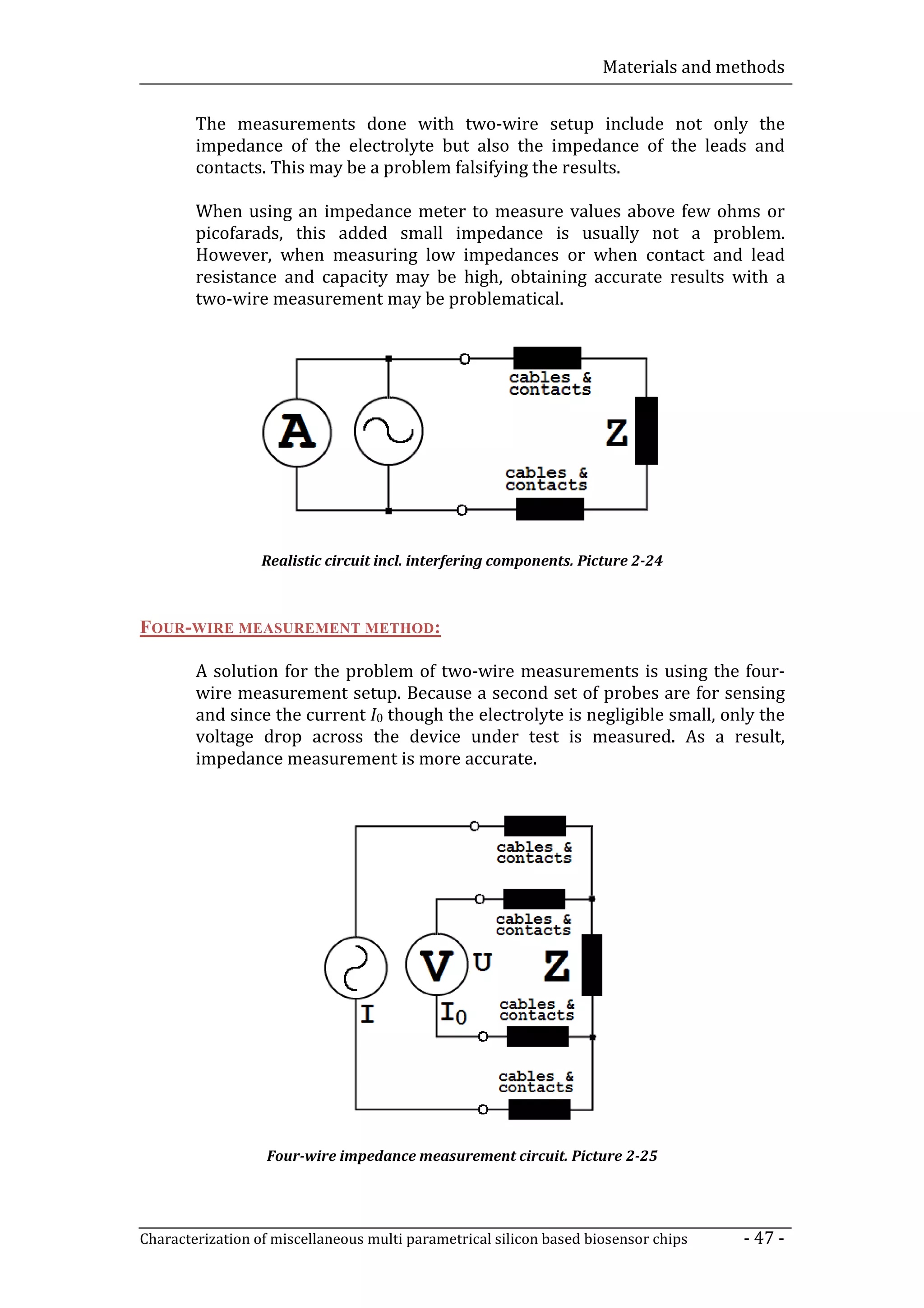 Materials and methods


        The measurements done with two-wire setup include not only the
        impedance of the electrolyte but also the impedance of the leads and
        contacts. This may be a problem falsifying the results.

        When using an impedance meter to measure values above few ohms or
        picofarads, this added small impedance is usually not a problem.
        However, when measuring low impedances or when contact and lead
        resistance and capacity may be high, obtaining accurate results with a
        two-wire measurement may be problematical.




                  Realistic circuit incl. interfering components. Picture 2-24



FOUR-WIRE MEASUREMENT METHOD:

        A solution for the problem of two-wire measurements is using the four-
        wire measurement setup. Because a second set of probes are for sensing
        and since the current I0 though the electrolyte is negligible small, only the
        voltage drop across the device under test is measured. As a result,
        impedance measurement is more accurate.




                   Four-wire impedance measurement circuit. Picture 2-25




Characterization of miscellaneous multi parametrical silicon based biosensor chips   - 47 -
 