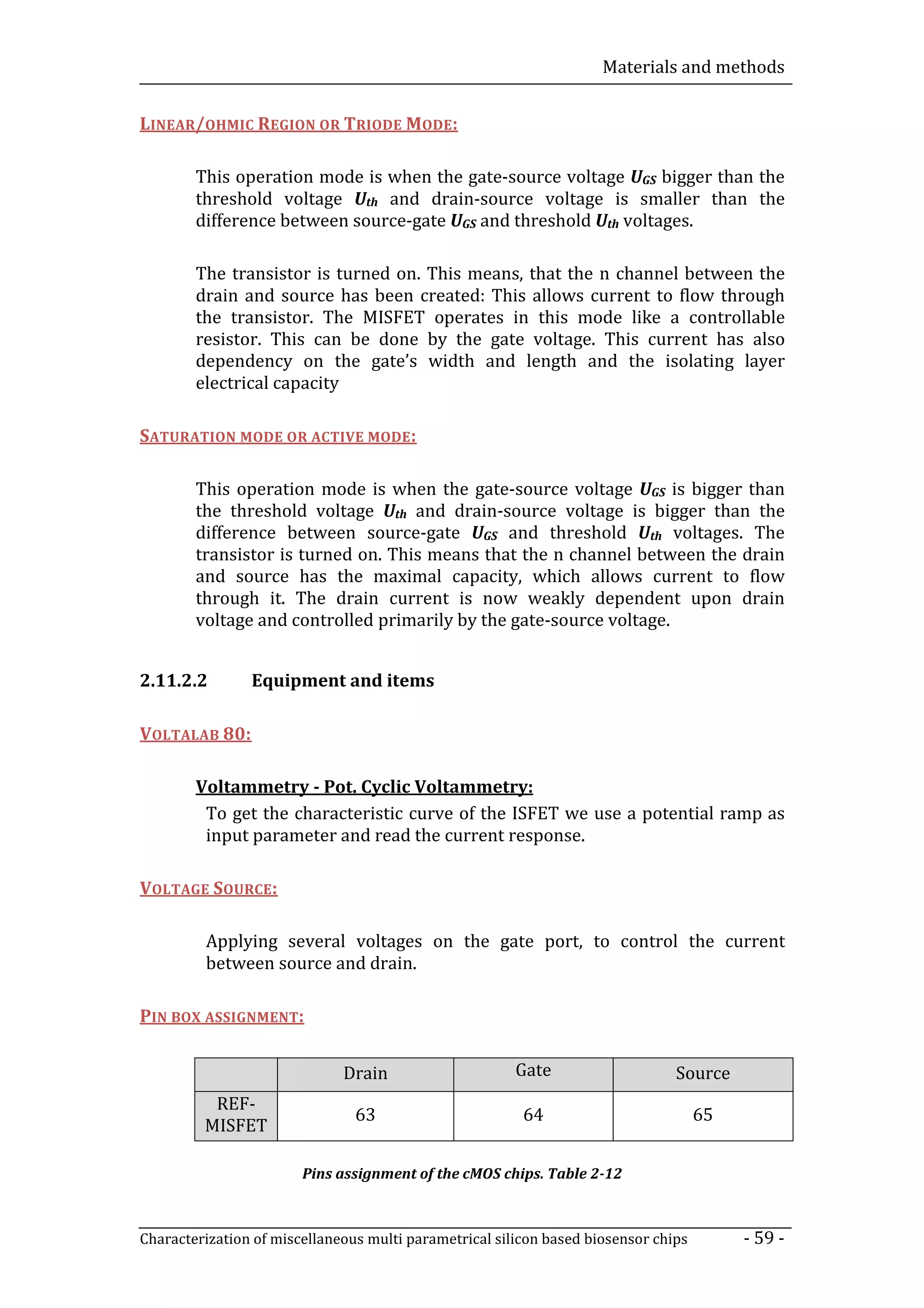 Materials and methods


LINEAR/OHMIC REGION OR TRIODE MODE:

        This operation mode is when the gate-source voltage UGS bigger than the
        threshold voltage Uth and drain-source voltage is smaller than the
        difference between source-gate UGS and threshold Uth voltages.

        The transistor is turned on. This means, that the n channel between the
        drain and source has been created: This allows current to flow through
        the transistor. The MISFET operates in this mode like a controllable
        resistor. This can be done by the gate voltage. This current has also
        dependency on the gate’s width and length and the isolating layer
        electrical capacity

SATURATION MODE OR ACTIVE MODE:

        This operation mode is when the gate-source voltage UGS is bigger than
        the threshold voltage Uth and drain-source voltage is bigger than the
        difference between source-gate UGS and threshold Uth voltages. The
        transistor is turned on. This means that the n channel between the drain
        and source has the maximal capacity, which allows current to flow
        through it. The drain current is now weakly dependent upon drain
        voltage and controlled primarily by the gate-source voltage.


2.11.2.2        Equipment and items

VOLTALAB 80:

        Voltammetry - Pot. Cyclic Voltammetry:
         To get the characteristic curve of the ISFET we use a potential ramp as
         input parameter and read the current response.

VOLTAGE SOURCE:

         Applying several voltages on the gate port, to control the current
         between source and drain.

PIN BOX ASSIGNMENT:


                              Drain                     Gate                    Source
          REF-
                                63                       64                          65
         MISFET

                        Pins assignment of the cMOS chips. Table 2-12



Characterization of miscellaneous multi parametrical silicon based biosensor chips        - 59 -
 