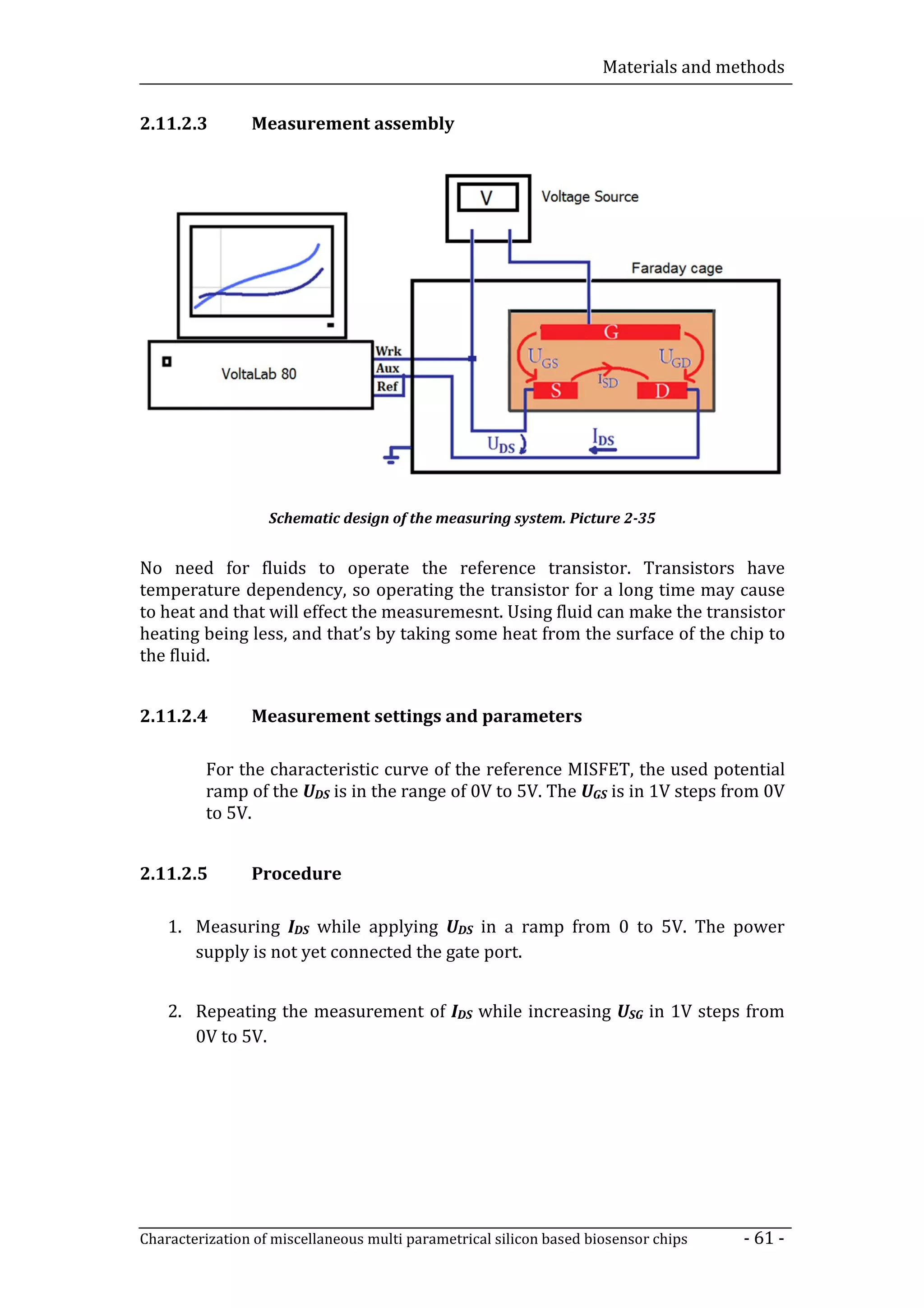 Materials and methods


2.11.2.3        Measurement assembly




                   Schematic design of the measuring system. Picture 2-35


No need for fluids to operate the reference transistor. Transistors have
temperature dependency, so operating the transistor for a long time may cause
to heat and that will effect the measuremesnt. Using fluid can make the transistor
heating being less, and that’s by taking some heat from the surface of the chip to
the fluid.


2.11.2.4        Measurement settings and parameters

         For the characteristic curve of the reference MISFET, the used potential
         ramp of the UDS is in the range of 0V to 5V. The UGS is in 1V steps from 0V
         to 5V.


2.11.2.5        Procedure

    1. Measuring IDS while applying UDS in a ramp from 0 to 5V. The power
       supply is not yet connected the gate port.


    2. Repeating the measurement of IDS while increasing USG in 1V steps from
       0V to 5V.




Characterization of miscellaneous multi parametrical silicon based biosensor chips   - 61 -
 