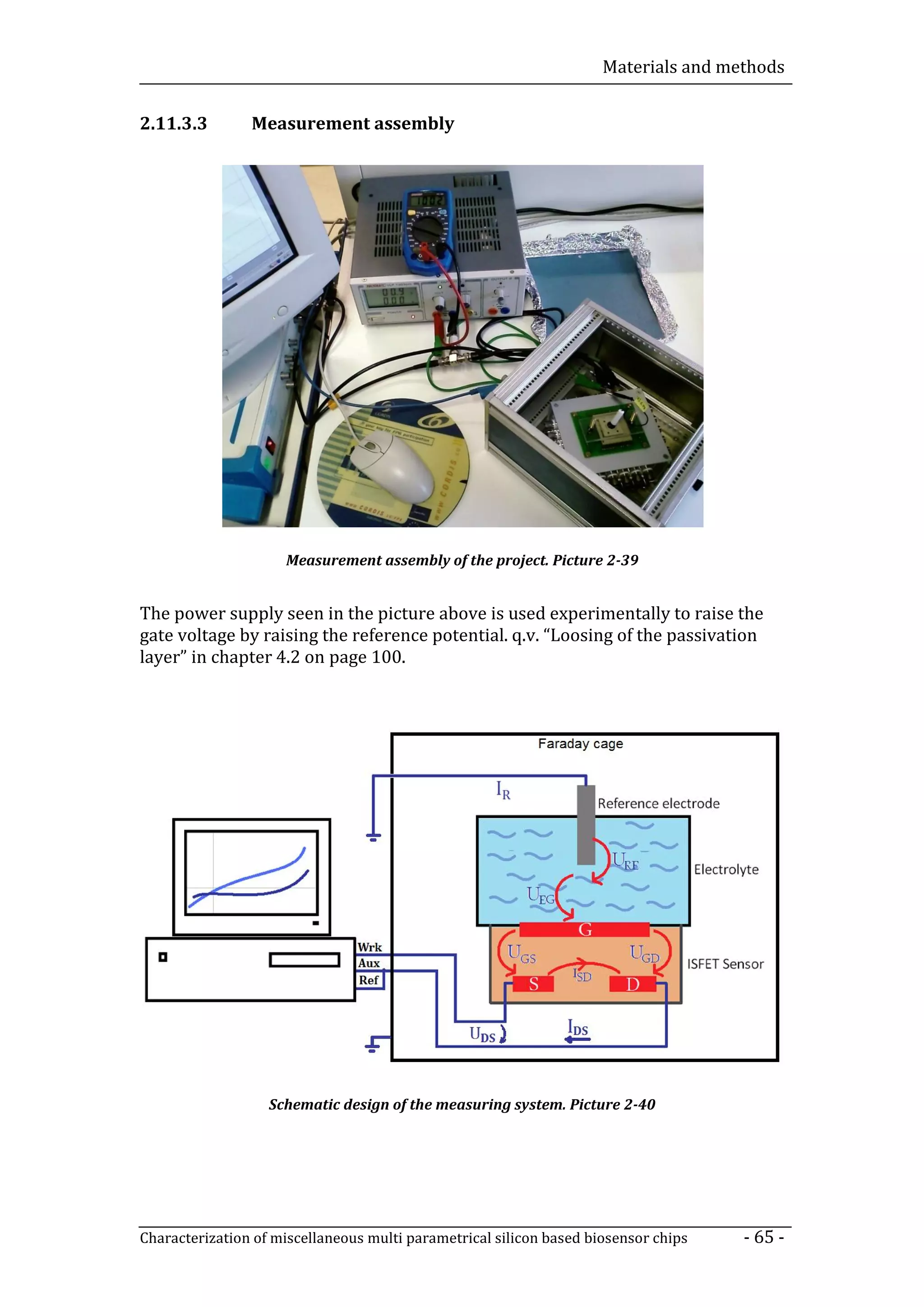 Materials and methods


2.11.3.3        Measurement assembly




                     Measurement assembly of the project. Picture 2-39


The power supply seen in the picture above is used experimentally to raise the
gate voltage by raising the reference potential. q.v. “Loosing of the passivation
layer” in chapter 4.2 on page 100.




                   Schematic design of the measuring system. Picture 2-40




Characterization of miscellaneous multi parametrical silicon based biosensor chips   - 65 -
 
