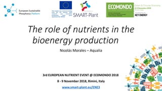 The role of nutrients in the
bioenergy production
Nicolás Morales – Aqualia
3rd EUROPEAN NUTRIENT EVENT @ ECOMONDO 2018
8 - 9 November 2018, Rimini, Italy
www.smart-plant.eu/ENE3
 