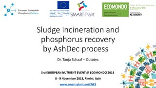 Sludge incineration and
phosphorus recovery
by AshDec process
Dr. Tanja Schaaf – Outotec
3rd EUROPEAN NUTRIENT EVENT @ ECOMONDO 2018
8 - 9 November 2018, Rimini, Italy
www.smart-plant.eu/ENE3
 