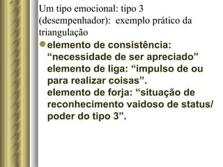 Um tipo emocional: tipo 3 (desempenhador):  exemplo prático da triangulação elemento de consistência: “necessidade de ser apreciado” elemento de liga: “impulso de ou para realizar coisas”. elemento de forja: “situação de reconhecimento vaidoso de status/poder do tipo 3”.  
