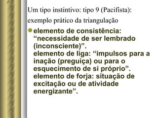 Um tipo instintivo: tipo 9 (Pacifista):   exemplo prático da triangulação   elemento de consistência: “necessidade de ser lembrado (inconsciente)”. elemento de liga: “impulsos para a inação (preguiça) ou para o esquecimento de si próprio”. elemento de forja: situação de excitação ou de atividade energizante”.  