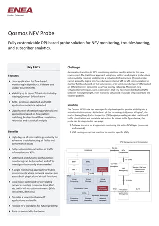 Qosmos NFV Probe
Fully customizable DPI-based probe solution for NFV monitoring, troubleshooting,
and subscriber analytics.
Challenges
As operators transition to NFV, monitoring solutions need to adapt to this new
environment. The traditional approach using taps, splitters and physical probes does
not provide the required visibility into a virtualized infrastructure. Physical probes
cannot access the logical interfaces between internal VM-to-VM communication to
monitor functions hosted on the same server, or in some cases between VMs located
on different servers connected via virtual overlay networks. Moreover, new
virtualization techniques, such as containers that rely heavily on distributing traffic
between many lightweight, even transient, virtualized resources only exacerbate the
visibility problem.
Solution
The Qosmos NFV Probe has been specifically developed to provide visibility into a
virtualized infrastructure. At the heart of this technology is Qosmos ixEngine®, the
market leading Deep Packet Inspection (DPI) engine providing detailed real-time IP
traffic classification and metadata extraction. As shown in the figure below, the
probe can be integrated in two ways:
1. Software instance on a hypervisor monitoring the entire NFVI layer (resources
and network)
2. VNF running on a virtual machine to monitor specific VNFs
Features
 Linux application for flow-based
monitoring in OpenStack, VMware and
Docker environments
 Visibility up to Layer 7 thanks to industry-
leading Qosmos® DPI software
 3200+ protocols classified and 5000
application metadata extracted
 Classification of networking protocols and
applications based on flow pattern
matching, bi-directional flow correlation,
heuristics and statistical analysis
Benefits
 High-degree of information granularity for
advanced troubleshooting of faults and
performance issues
 Fully customizable extraction of traffic
information and KPIs
 Optimized and dynamic configuration:
monitoring can be turned on and off to
investigate issues only when needed
 A single monitoring approach for hybrid
environments where network services run
across both physical and virtual functions
 Data model optimized for correlating
network counters (response time, QoE,
etc.) with infrastructure elements (VMs,
containers, domains)
 Provides a view into shadow IT
applications and traffic
 Follows NFV standards for future proofing
 Runs on commodity hardware
Key Facts
Product Datasheet
 
