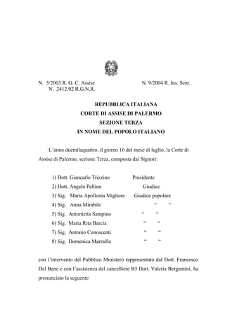 N. 5/2003 R. G. C. Assise N. 9/2004 R. Ins. Sent.
N. 2412/02 R.G.N.R.
REPUBBLICA ITALIANA
CORTE DI ASSISE DI PALERMO
SEZIONE TERZA
IN NOME DEL POPOLO ITALIANO
L’anno duemilaquattro, il giorno 16 del mese di luglio, la Corte di
Assise di Palermo, sezione Terza, composta dai Signori:
1) Dott. Giancarlo Trizzino Presidente
2) Dott. Angelo Pellino Giudice
3) Sig. Maria Apollonia Migliore Giudice popolare
4) Sig. Anna Mirabile “ “
5) Sig. Antonietta Sampino “ “
6) Sig. Maria Rita Barcia “ “
7) Sig. Antonio Conoscenti “ “
8) Sig. Domenica Marzullo “ “
con l’intervento del Pubblico Ministero rappresentato dal Dott. Francesco
Del Bene e con l’assistenza del cancelliere B3 Dott. Valeria Bergamini, ha
pronunciato la seguente
 