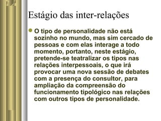 Estágio das inter-relações
O tipo de personalidade não está
sozinho no mundo, mas sim cercado de
pessoas e com elas interage a todo
momento, portanto, neste estágio,
pretende-se teatralizar os tipos nas
relações interpessoais, o que irá
provocar uma nova sessão de debates
com a presença do consultor, para
ampliação da compreensão do
funcionamento tipológico nas relações
com outros tipos de personalidade.
 