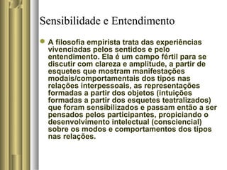 Sensibilidade e Entendimento
A filosofia empirista trata das experiências
vivenciadas pelos sentidos e pelo
entendimento. Ela é um campo fértil para se
discutir com clareza e amplitude, a partir de
esquetes que mostram manifestações
modais/comportamentais dos tipos nas
relações interpessoais, as representações
formadas a partir dos objetos (intuições
formadas a partir dos esquetes teatralizados)
que foram sensibilizados e passam então a ser
pensados pelos participantes, propiciando o
desenvolvimento intelectual (consciencial)
sobre os modos e comportamentos dos tipos
nas relações.
 