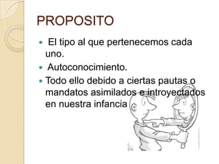 PROPOSITO
  El tipo al que pertenecemos cada
  uno.
 Autoconocimiento.
 Todo ello debido a ciertas pautas o
  mandatos asimilados e introyectados
  en nuestra infancia
 