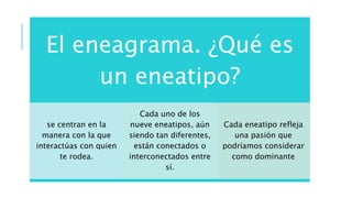 El eneagrama. ¿Qué es
un eneatipo?
se centran en la
manera con la que
interactúas con quien
te rodea.
Cada uno de los
nueve eneatipos, aún
siendo tan diferentes,
están conectados o
interconectados entre
sí.
Cada eneatipo refleja
una pasión que
podríamos considerar
como dominante
 