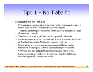 UFRGS / ESCOLA DE ADMINISTRAÇÃO / NEH – Núcleo Excelência Humana (2004) / Eneagrama Versão 1 105
Tipo 1 – No Trabalho
• Características no Trabalho
– Conservadores, não perdem tempo inovando, vão no certo e com o
menor risco de erro. Detestam mudança de regras.
– Tendem a elaborar procedimentos complicados e burocráticos com
alta dose de controle.
– Valorizam a forma, aparência, estética, precisão, simetria.
– Preferem projetos curtos com resultados mais imediatos. Precisam
de feedback constante. Metódicos e pouco criativos.
– Se respeitam a gerência assumem responsabilidades, senão,
transferem a culpa para outros e se ressentem pessoalmente.
– Criticam, mas não apresentam alternativas, são impessoais.
– São pessoas sérias, confiáveis e excelentes em atividades que
requeiram precisão e meticulosidade
 