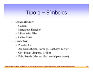 UFRGS / ESCOLA DE ADMINISTRAÇÃO / NEH – Núcleo Excelência Humana (2004) / Eneagrama Versão 1 107
Tipo 1 – Símbolos
• Personalidades
– Gandhi
– Margareth Thatcher
– Lilian Wite Fibe
– Celine Dion
• Símbolos:
– Pecado: Ira
– Animais: Abelha, Formiga, Cachorro Terrier
– Cor: Prata (Limpeza. Brilho)
– País: Rússia (Mesmo ideal social para todos)
 