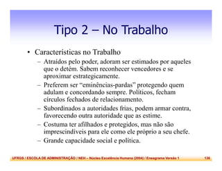 UFRGS / ESCOLA DE ADMINISTRAÇÃO / NEH – Núcleo Excelência Humana (2004) / Eneagrama Versão 1 136
Tipo 2 – No Trabalho
• Características no Trabalho
– Atraídos pelo poder, adoram ser estimados por aqueles
que o detém. Sabem reconhecer vencedores e se
aproximar estrategicamente.
– Preferem ser “eminências-pardas” protegendo quem
adulam e concordando sempre. Políticos, fecham
círculos fechados de relacionamento.
– Subordinados a autoridades frias, podem armar contra,
favorecendo outra autoridade que as estime.
– Costuma ter afilhados e protegidos, mas não são
imprescindíveis para ele como ele próprio a seu chefe.
– Grande capacidade social e política.
 