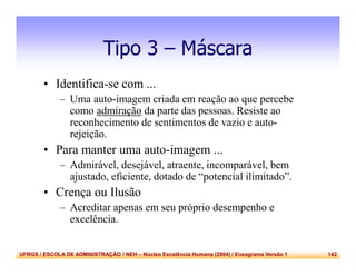 UFRGS / ESCOLA DE ADMINISTRAÇÃO / NEH – Núcleo Excelência Humana (2004) / Eneagrama Versão 1 142
Tipo 3 – Máscara
• Identifica-se com ...
– Uma auto-imagem criada em reação ao que percebe
como admiração da parte das pessoas. Resiste ao
reconhecimento de sentimentos de vazio e auto-
rejeição.
• Para manter uma auto-imagem ...
– Admirável, desejável, atraente, incomparável, bem
ajustado, eficiente, dotado de “potencial ilimitado”.
• Crença ou Ilusão
– Acreditar apenas em seu próprio desempenho e
excelência.
 